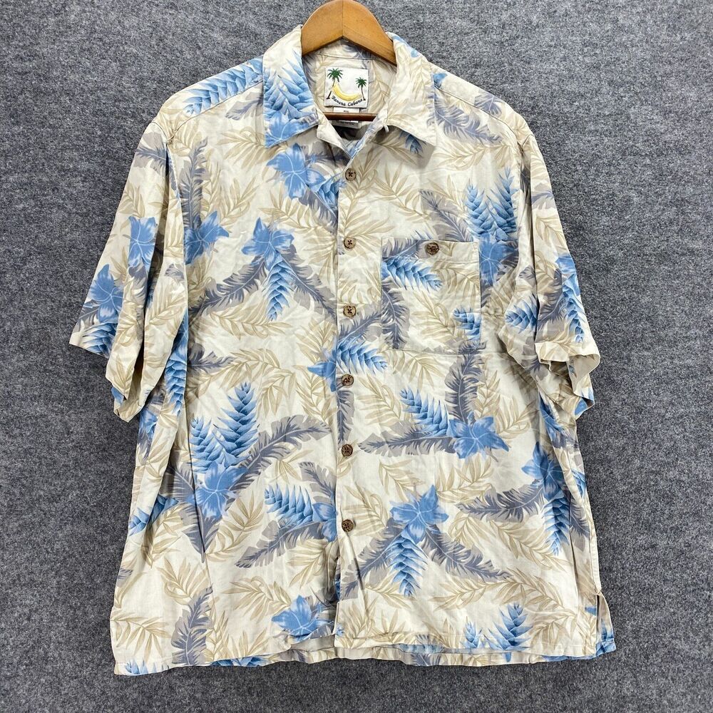 Banana Cabana Shirt Men XL Beige Floral Button Up Silk Collared Short Sleeve